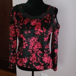 Velvety Black and Red Cold Shoulder Top